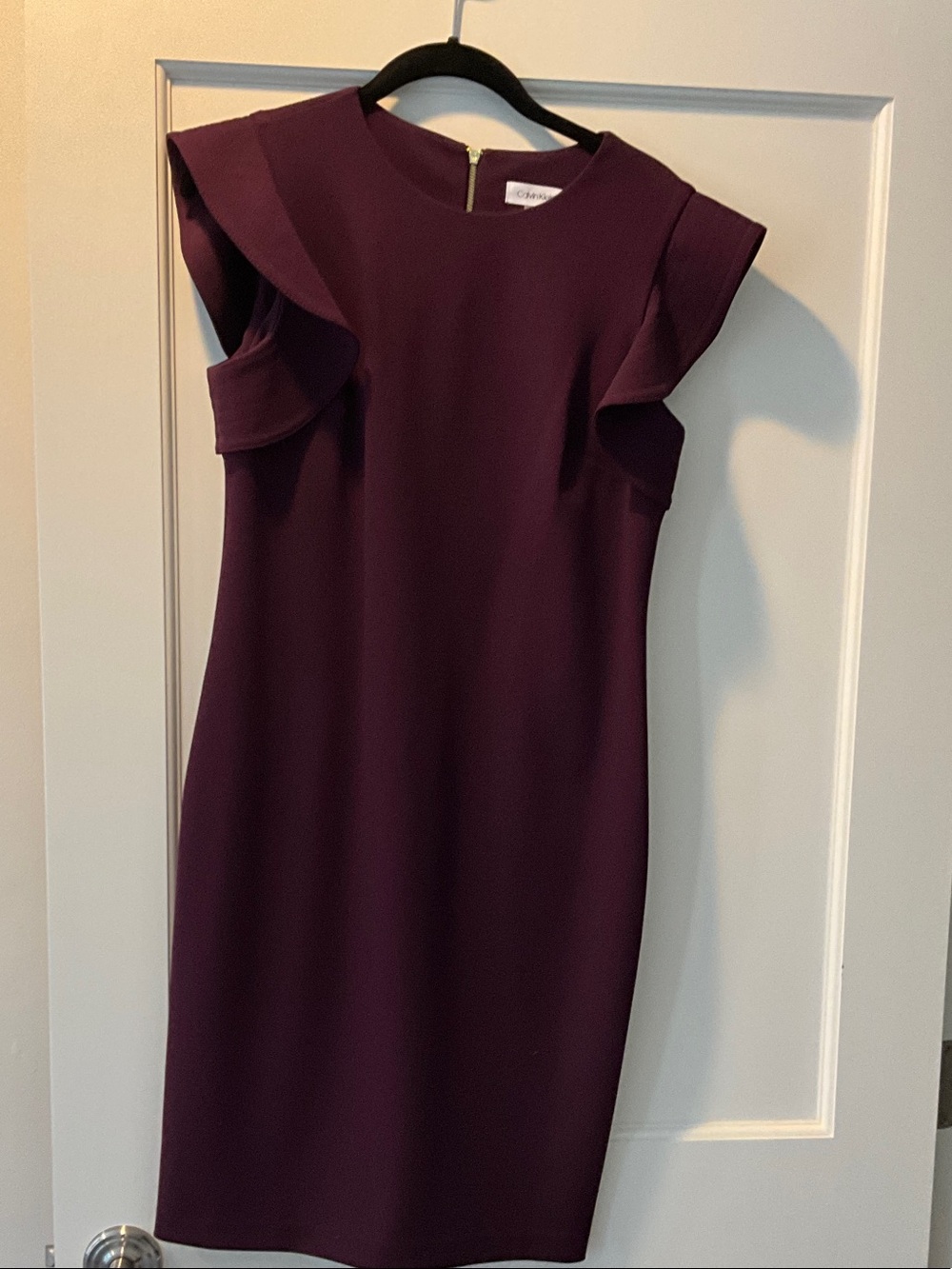 Calvin Klein Deep Plum Ruffle-Sleeve Midi Sheath Dress